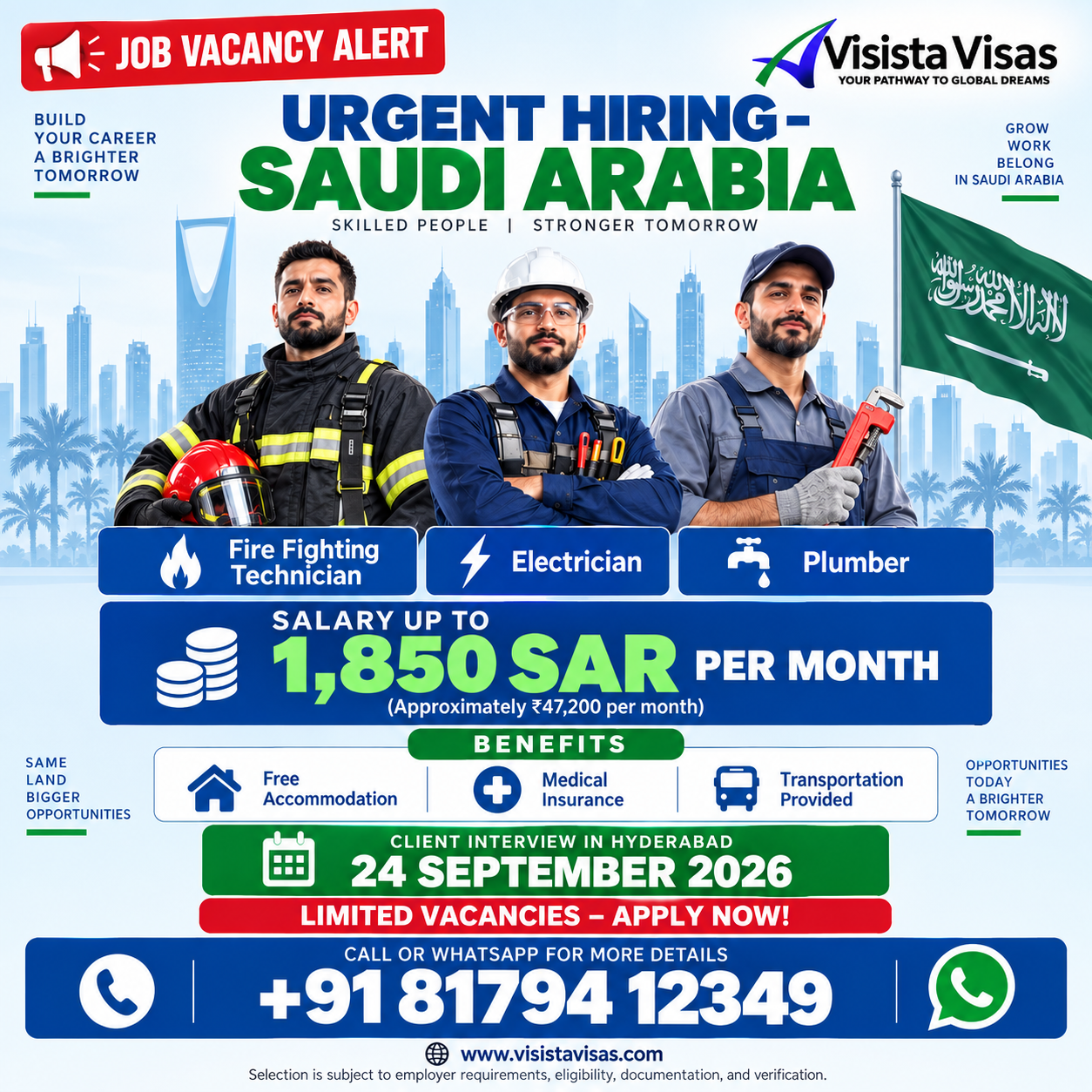 Saudi Arabia jobs for fire fighting technicians, electricians and plumbers